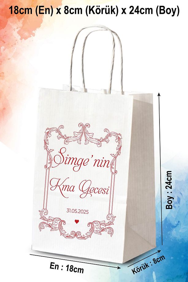 50 Adet Tek Yön Kişiye Özel Isim Baskılı Kına Hediyeliği Kağıt Çanta/poşet 18x8x24 Cm(BT181) - 1