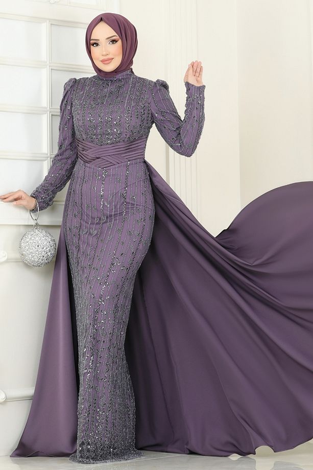 SUAL İşlemeli Pelerin Abiye 4909D170 Koyu Lila - 1