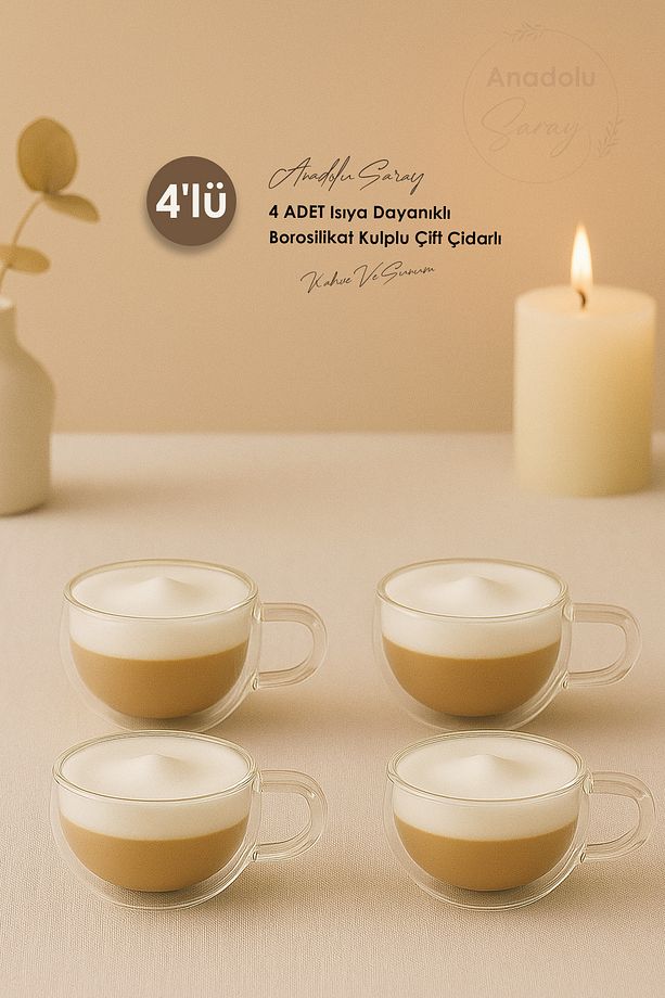 4 ADET Isıya Dayanıklı Borosilikat Kulplu Çift Çidarlı 120ml Bardak Espresso Kahve Ve Sunum Bardağı - 1