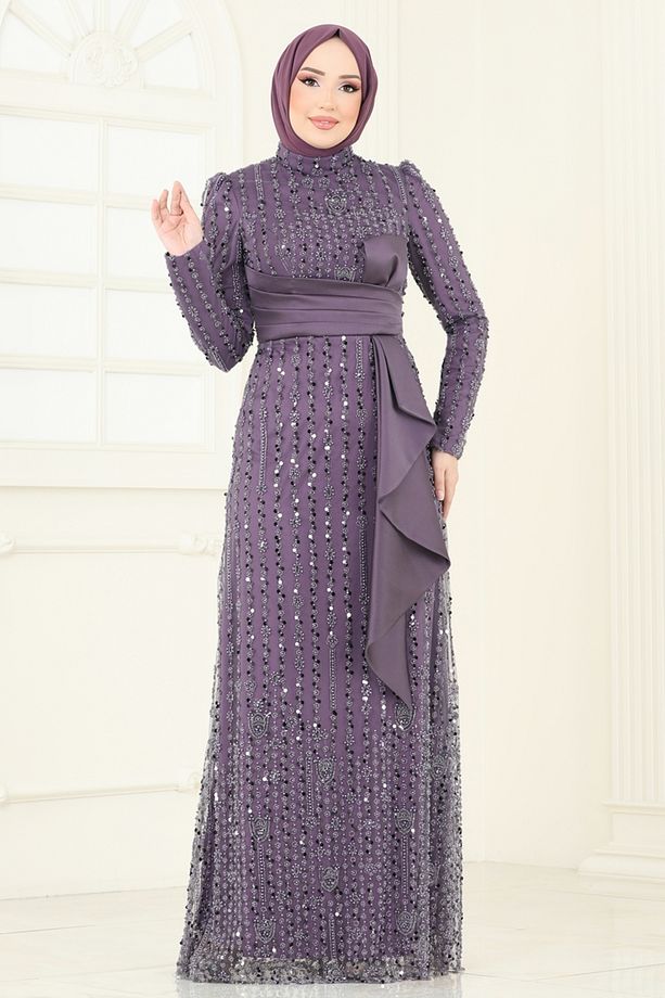 SUAL Önü Drapeli Abiye 4884D170 Koyu Lila - 5