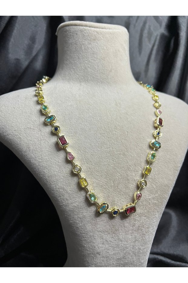 Gold Color Colorful Stone Detailed Vip Elegant Necklace