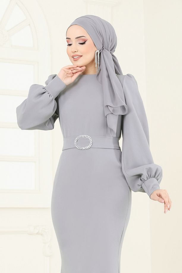 Balon Kollu Balık Abiye Elbise 0402ALG474 Gri - 3