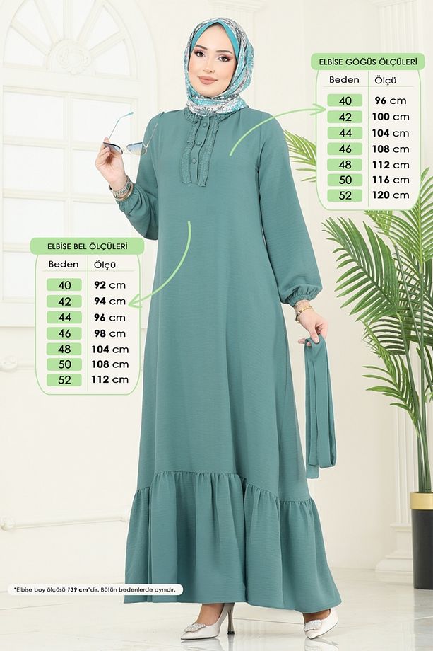 Önü Fırfırlı Tesettür Elbise 1259BM387 Mint - 2