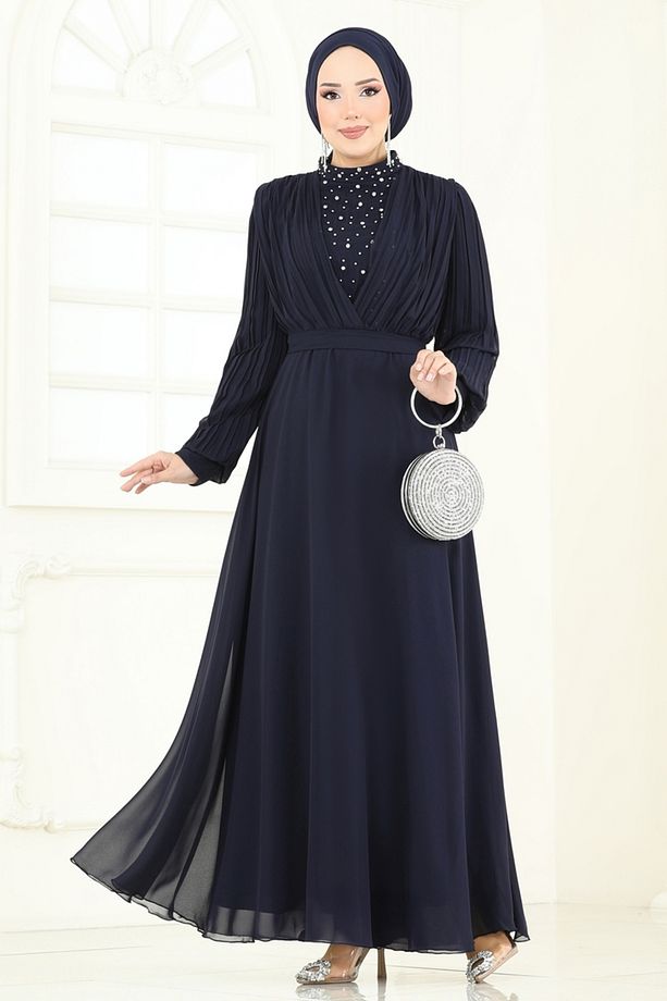 Taşlı Şifon Abiye 0404ALG474 Koyu Laci - 5