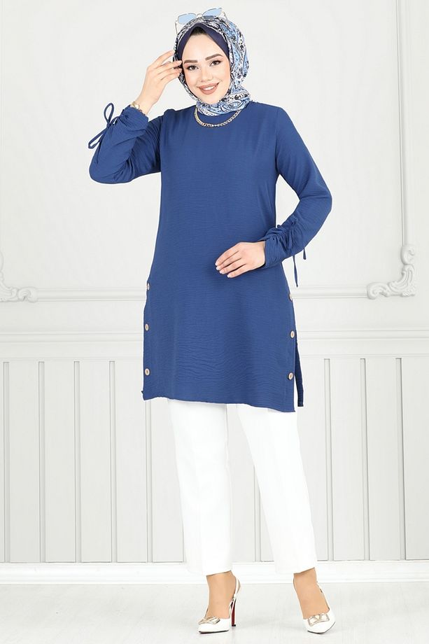 Yırtmaç Düğmeli Tesettür Tunik 016mr1078 Indigo - 4
