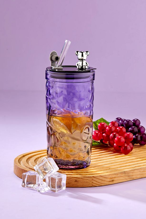 Ayıcık Figürlü - Meşrubat / Cam Bardak / 420 ml / Cam Pipet Hediyeli / Mor - Tekli - 2