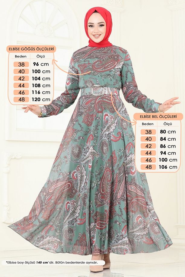 Kaplama Kemerli Şifon Elbise 204AL357 Mint - 1