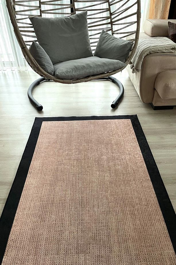 Dijital Baskı Yıkanabilir Kaymaz Taban Hasır Görünümlü Kahve Siyah Oturma Odası Salon Halısı - 3