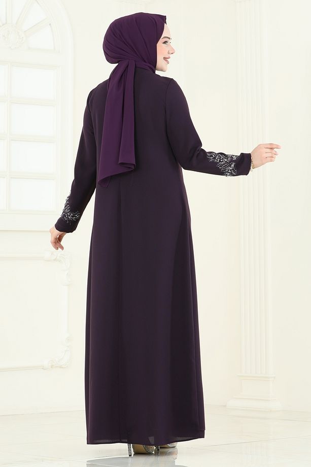Taş Detay Abiye Elbise 2005OZT1013 Mürdüm - 5