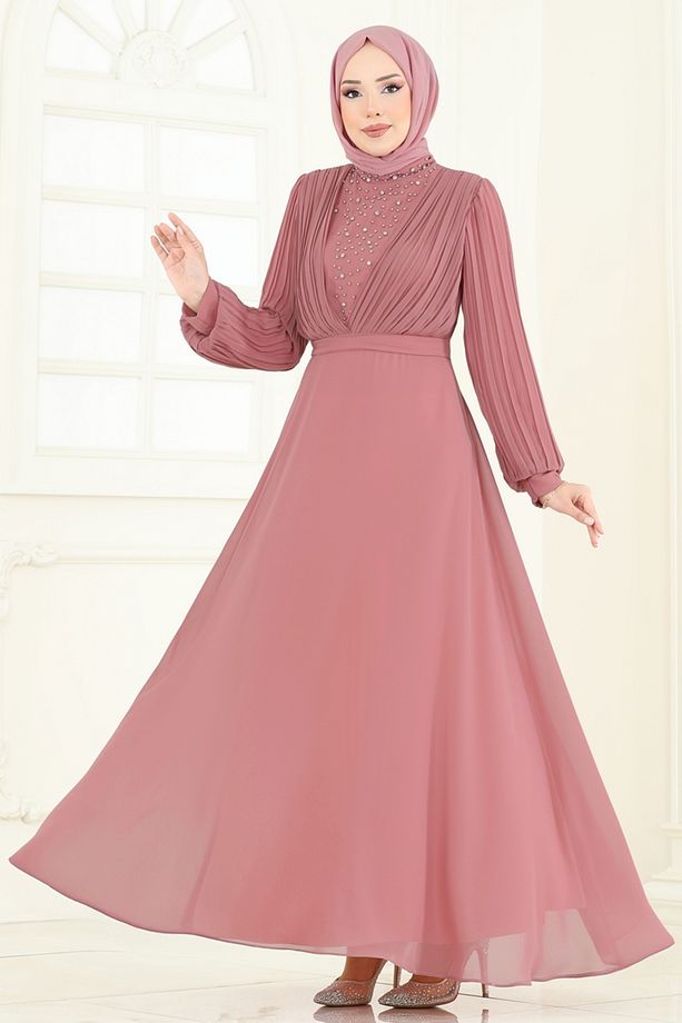 Taşlı Şifon Abiye 0404ALG474 Gül Kurusu - 2