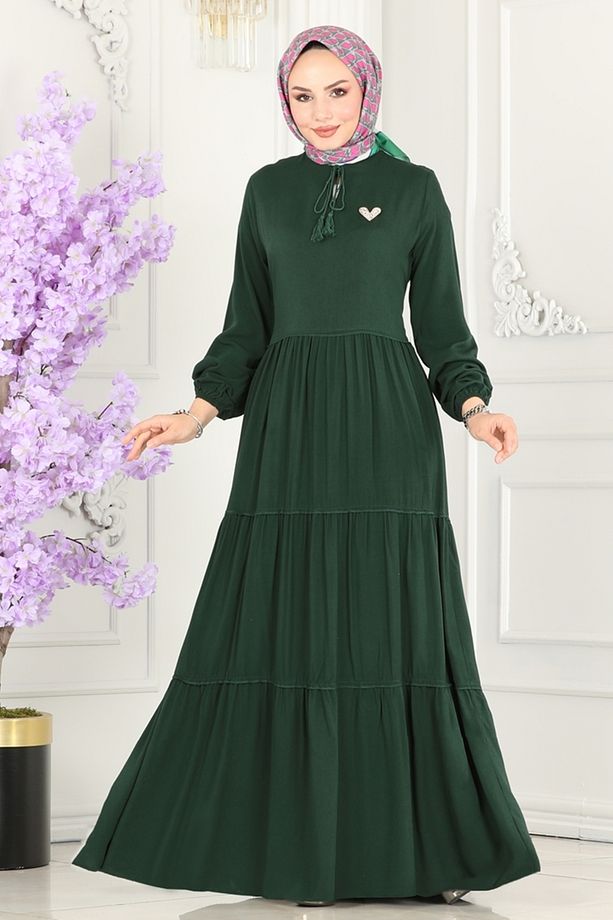 Yakası Bağlamalı Viskon Elbise 1068BG354 Zümrüt - 2