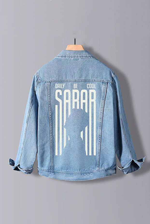 Men's Slim Fit Back Printed Denim Jeans Jacket Light Blue Edw372