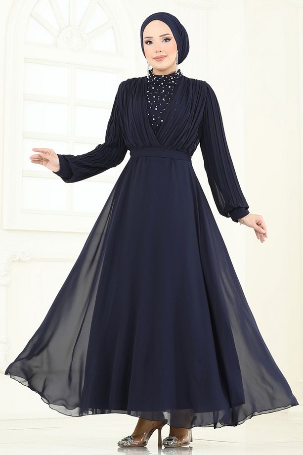 Taşlı Şifon Abiye 0404ALG474 Koyu Laci - 2