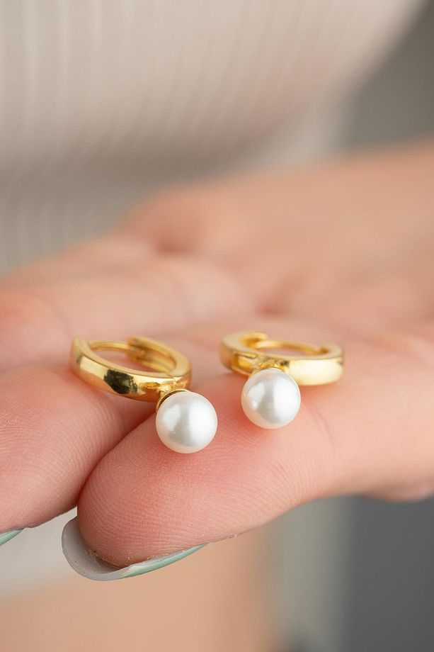 925 Ayar Gümüş Gold Kaplama İnci Sallantılı 10 mm Tamtur Küpe - 2