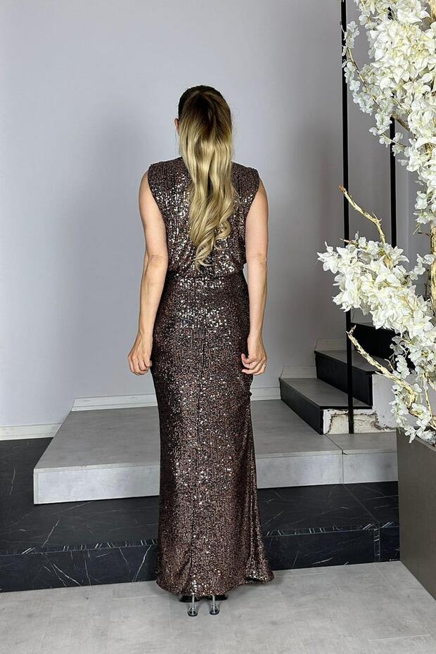 G1285 Drape Detaylı Payet Abiye Elbise Bronz - 2