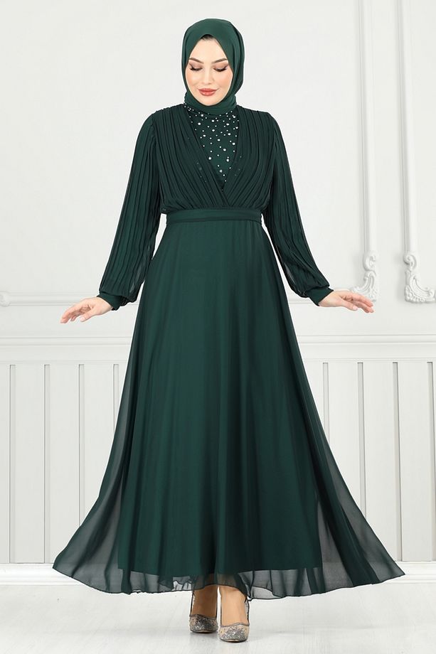 Taşlı Şifon Abiye 0404ALG474 Zümrüt - 2