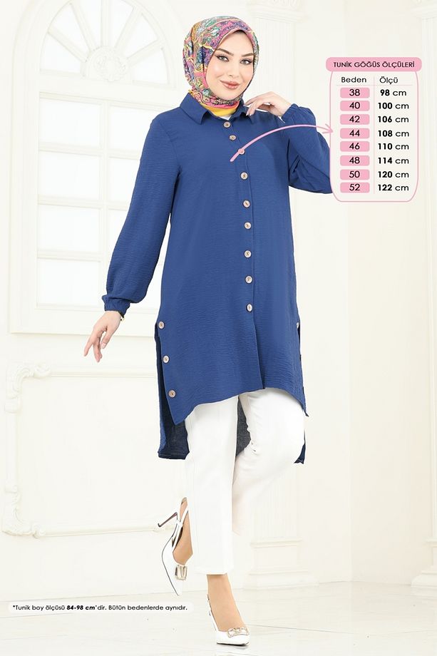 Yırtmaç Düğmeli Tesettür Tunik 008MR1078 İndigo - 1