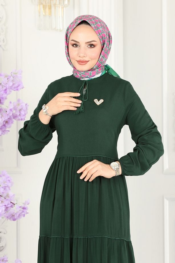 Yakası Bağlamalı Viskon Elbise 1068BG354 Zümrüt - 3
