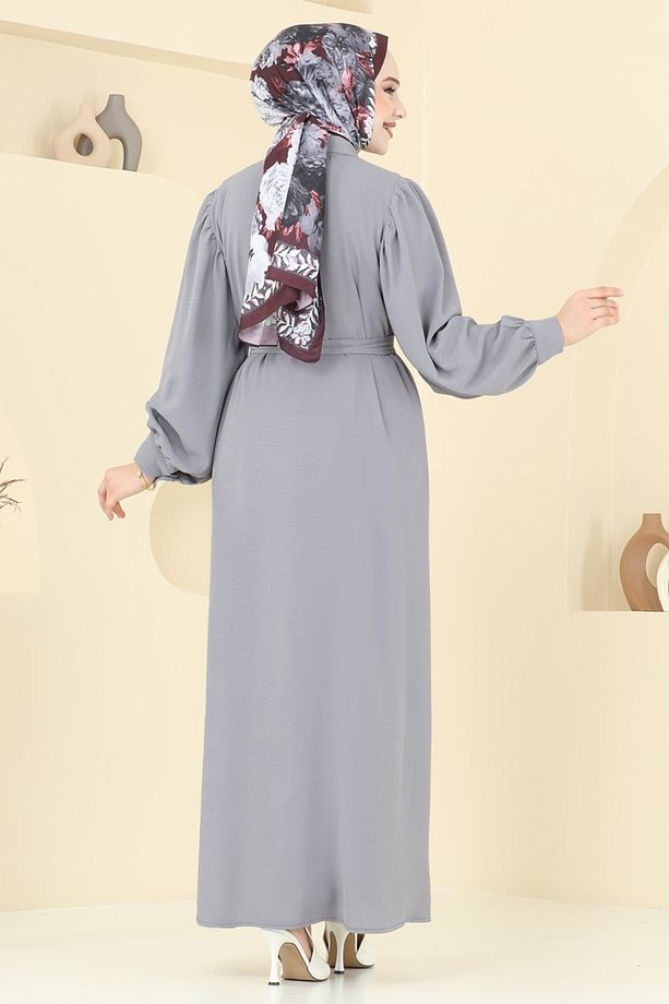 Gizli Düğmeli Elbise Ferace 0037BG354 Gri - 5
