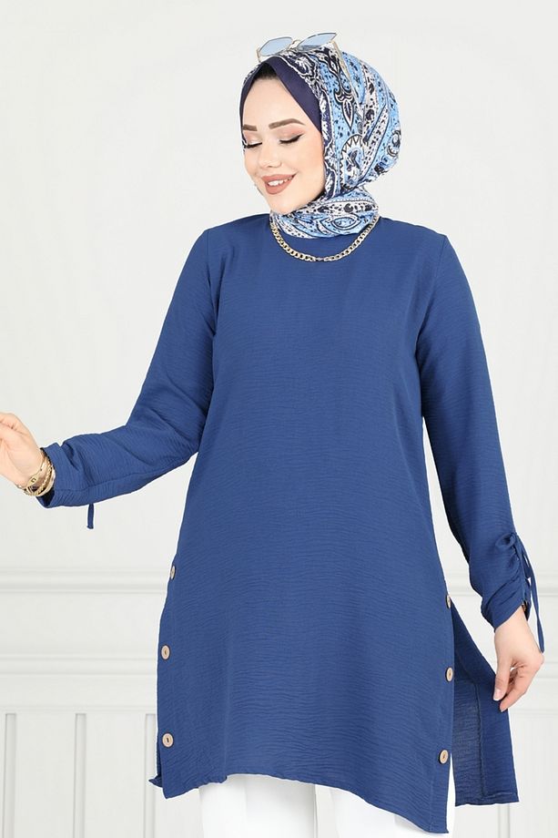 Yırtmaç Düğmeli Tesettür Tunik 016mr1078 Indigo - 2