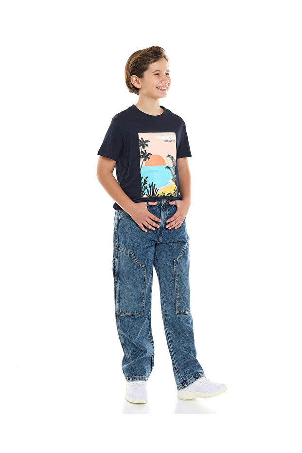 Washed Relaxed Fit Jeans with Button Closure