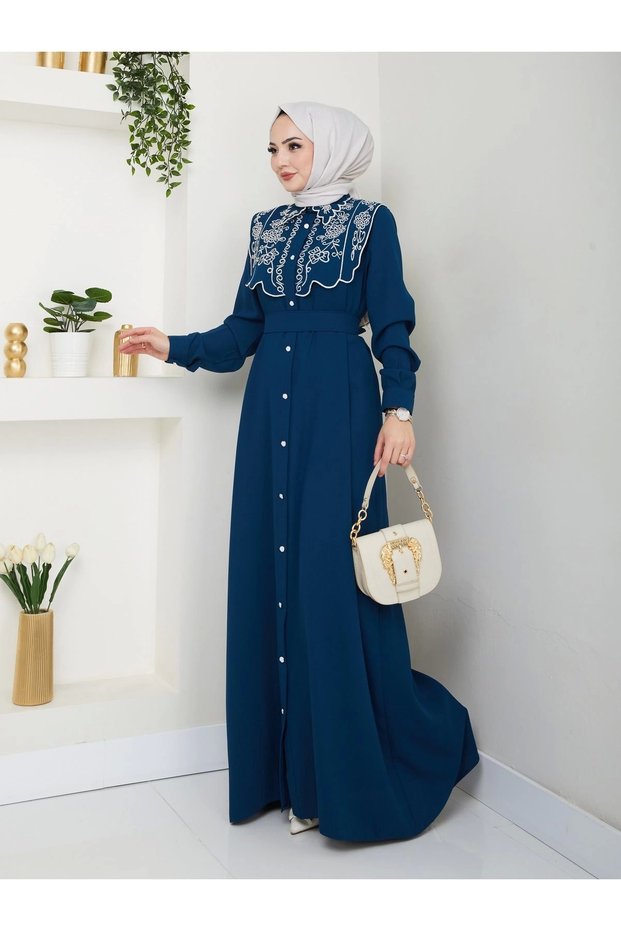Indigo 814 Women's Ferace Dress Embroidered Abaya Tesuture Clothing