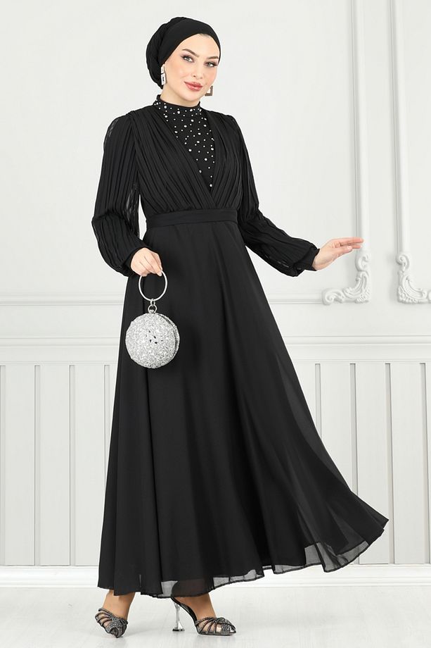 Taşlı Şifon Abiye 0404ALG474 Siyah - 1