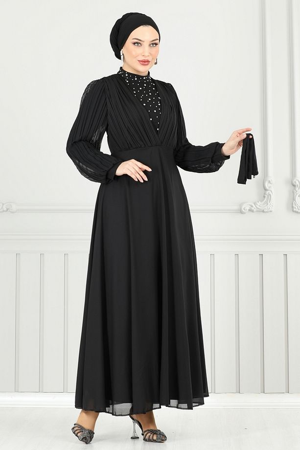Taşlı Şifon Abiye 0404ALG474 Siyah - 3