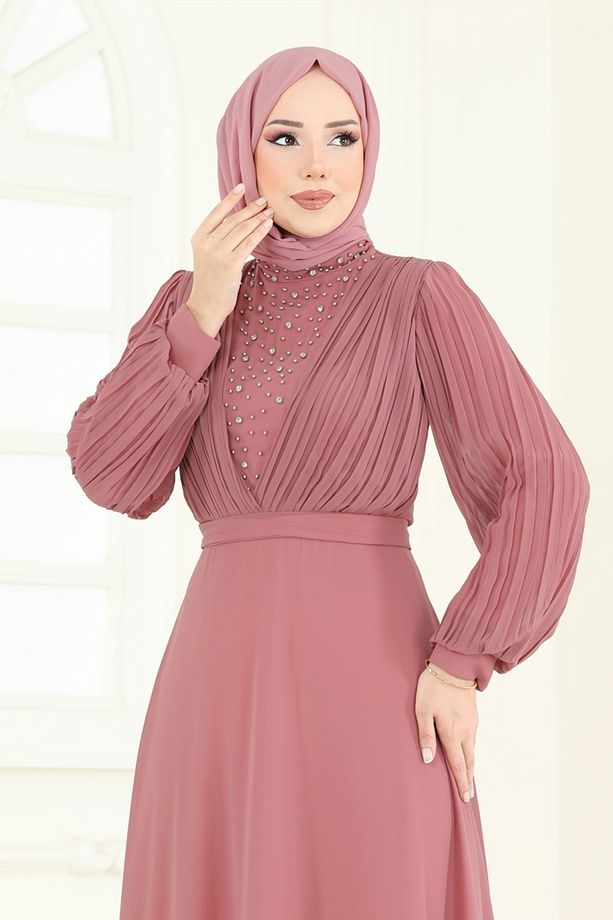 Taşlı Şifon Abiye 0404ALG474 Gül Kurusu - 3