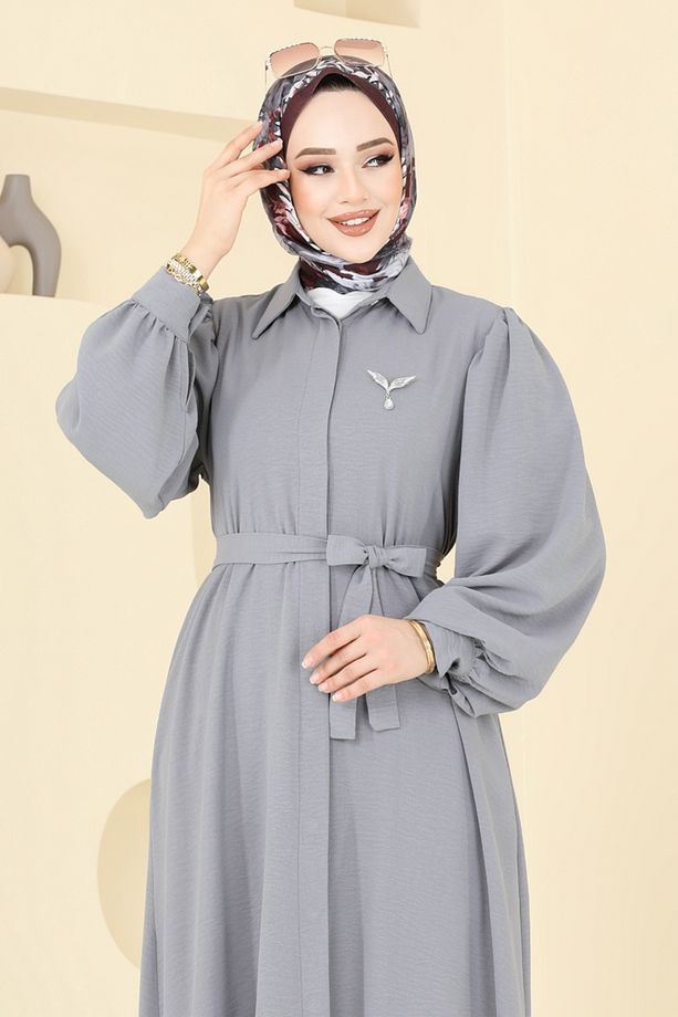 Gizli Düğmeli Elbise Ferace 0037BG354 Gri - 4