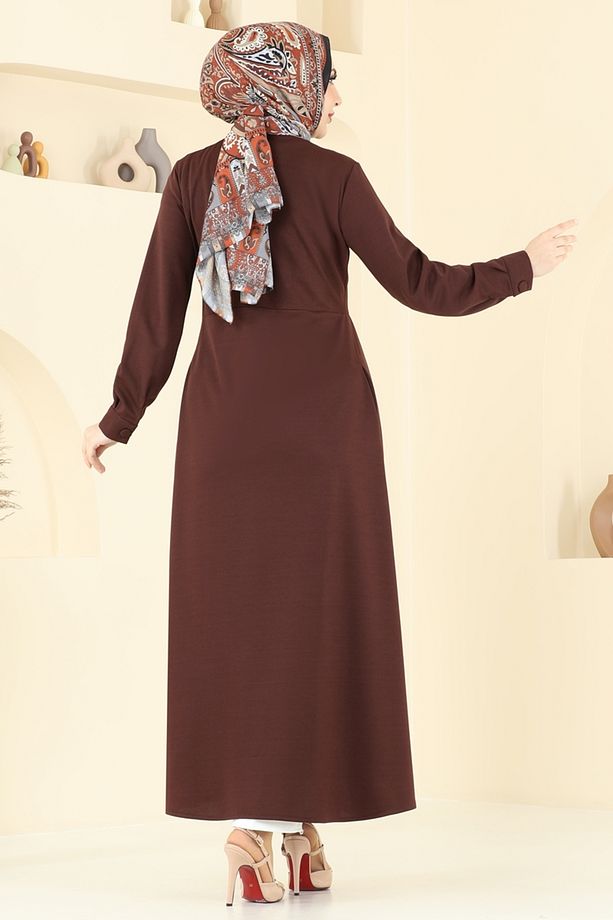 Önden Düğmeli Elbise Ferace 23008UKB139 Kahve - 3