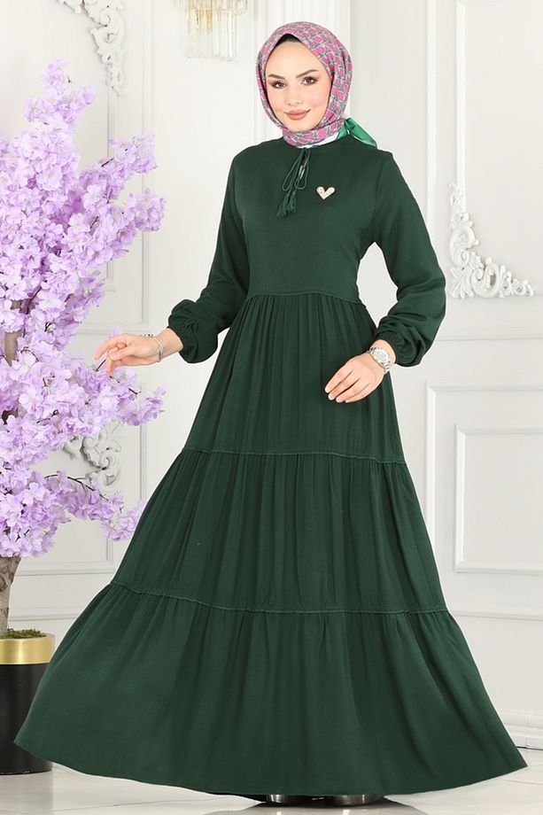 Yakası Bağlamalı Viskon Elbise 1068BG354 Zümrüt - 5