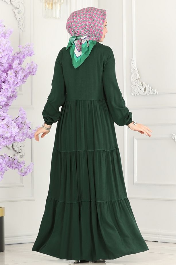 Yakası Bağlamalı Viskon Elbise 1068BG354 Zümrüt - 4