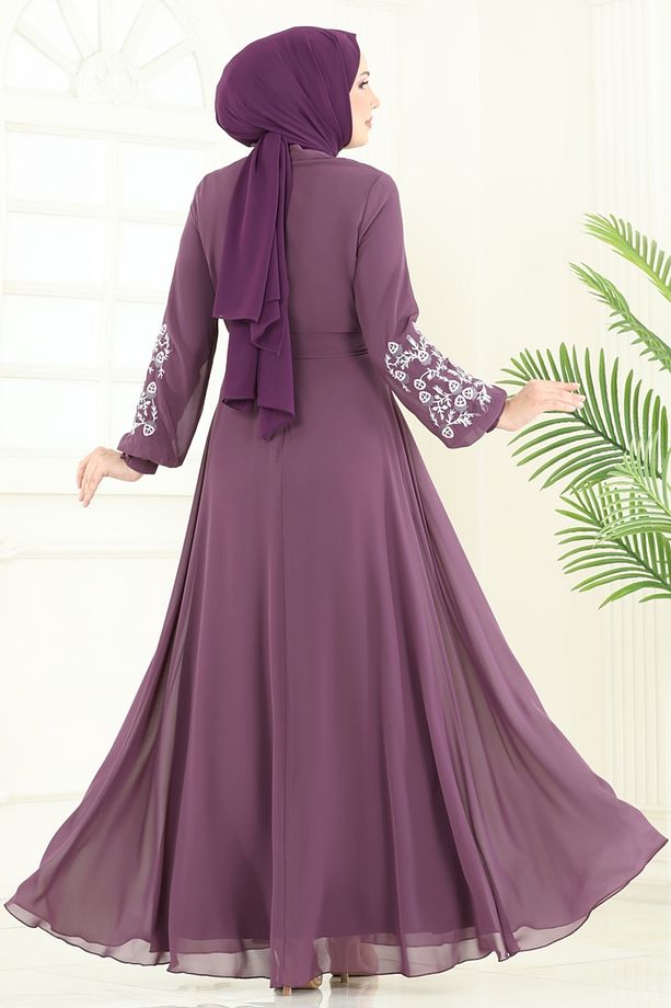 Nakış İşlemeli Şifon Elbise 8022AB368 Koyu Lila - 5