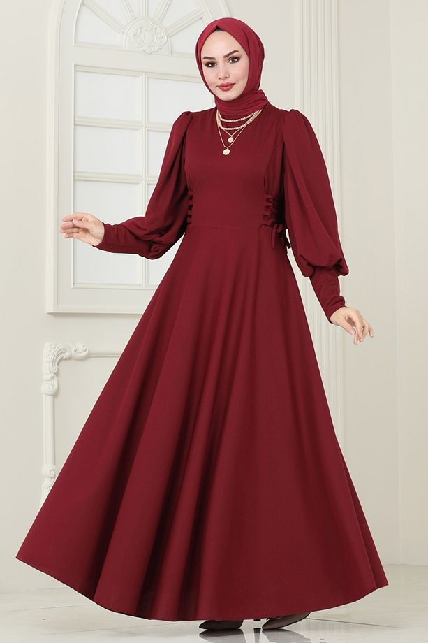 Yandan Bağcıklı Scuba Elbise 4608ALG474 Bordo - 1