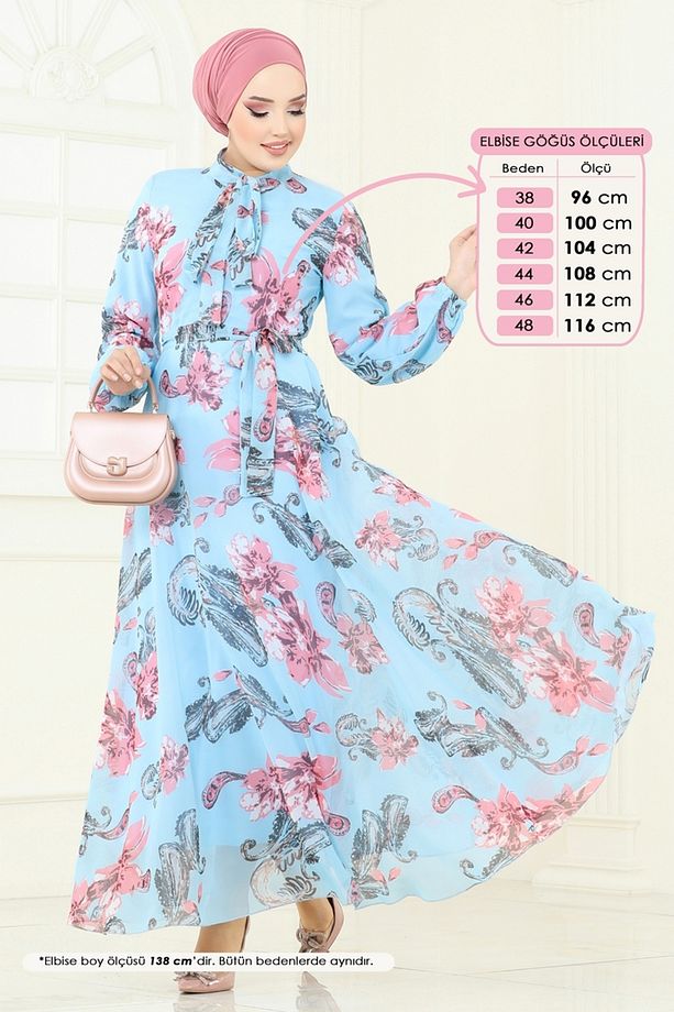 Fular Yakalı Şifon Elbise 5188AL357 Mavi - 1