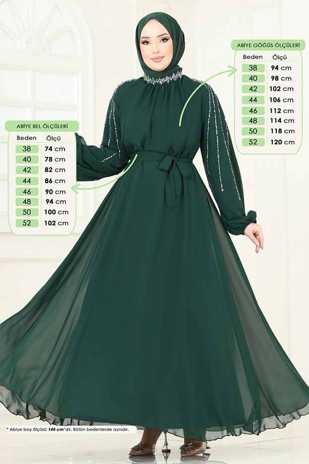 Kolları Taşlı Şifon Abiye 5666EDF311 Zümrüt - 2