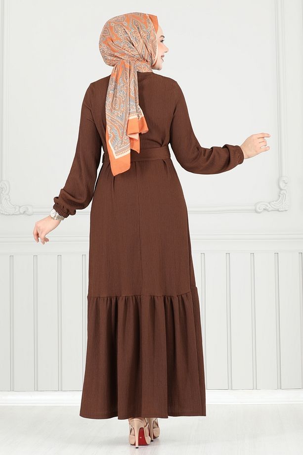Broş Detay Bürümcük Elbise 422DVL817 Kahve - 4