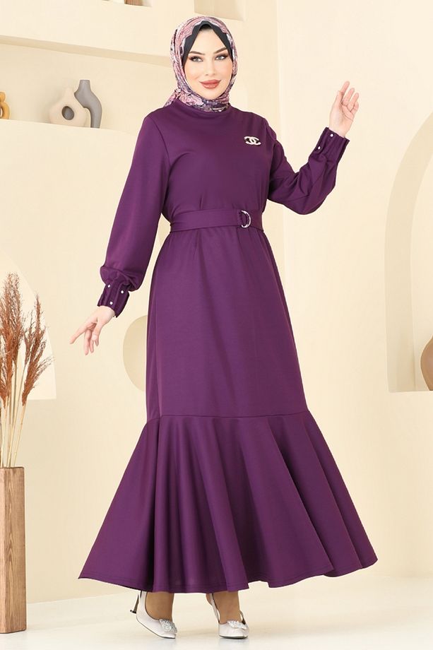Kolları Taşlı Tesettür Elbise 397DVL817 Mor - 1