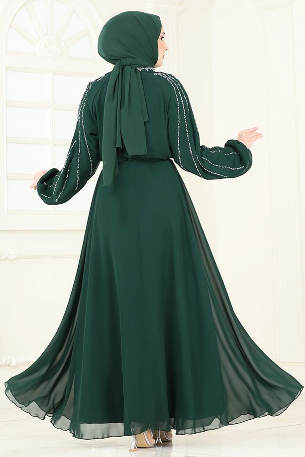 Kolları Taşlı Şifon Abiye 5666EDF311 Zümrüt - 4