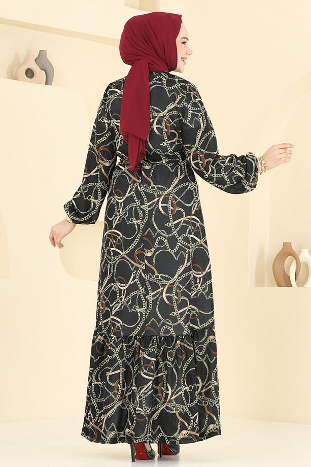 Zincir Desenli Helen Elbise 4086PM271 Siyah - 4