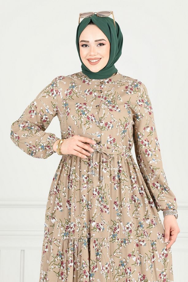 Çiçek Desen Tesettür Elbise 7122BG354 Koyu Vizyon - 3