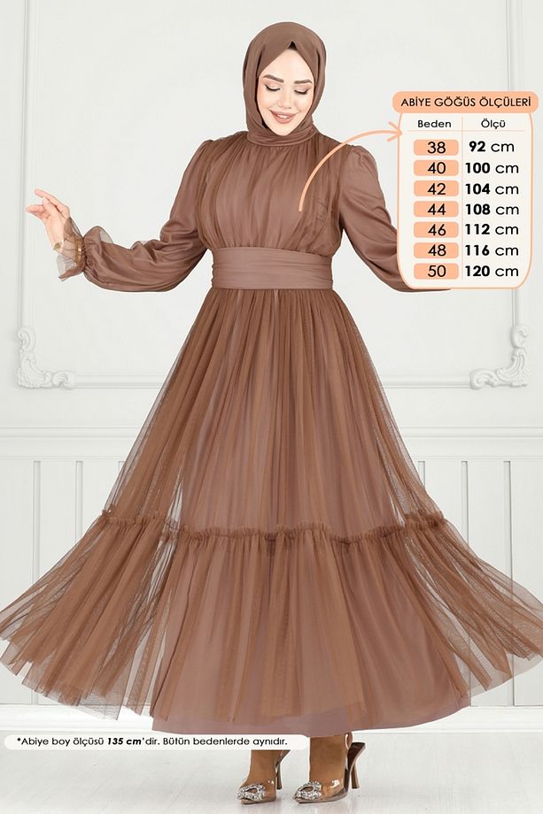 Manşeti Lastikli Tül Abiye 5684EDF311 Koyu Vizyon - 5