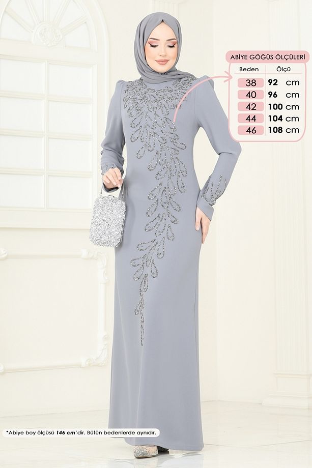 Taş Detay Abiye Elbise 4407MDH809 Gri - 1