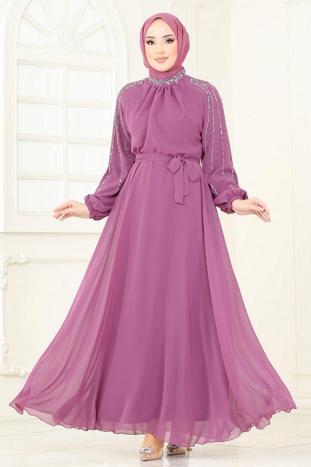 Kolları Taşlı Şifon Abiye 5666EDF311 Gül Kurusu - 1
