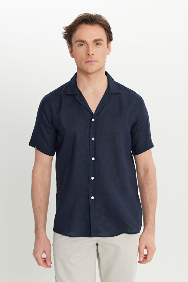 Erkek Lacivert Keten Comfort Fit Rahat Kesim Hawai Yaka Gömlek - 1