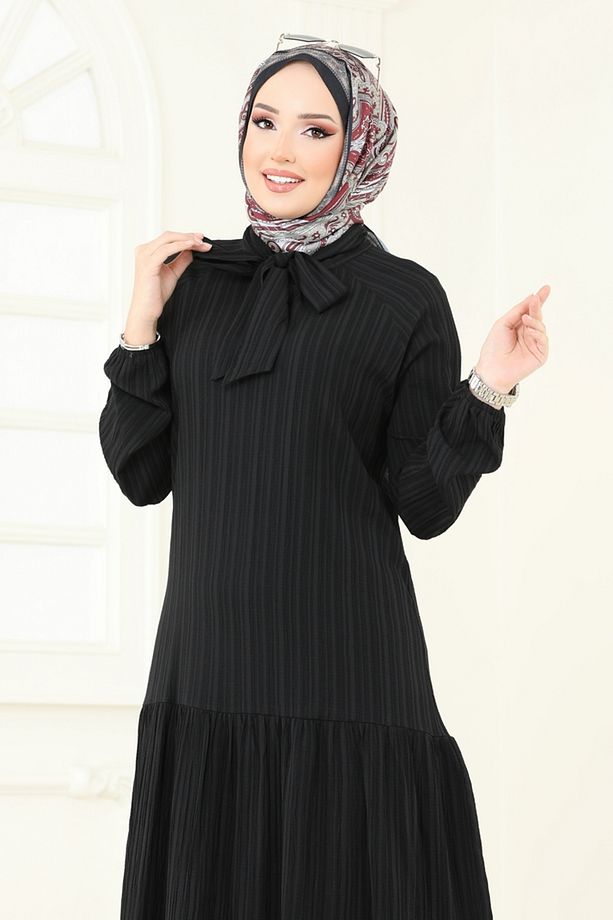 Fular Yakalı Tesettür Elbise 4076PM271 Siyah - 3