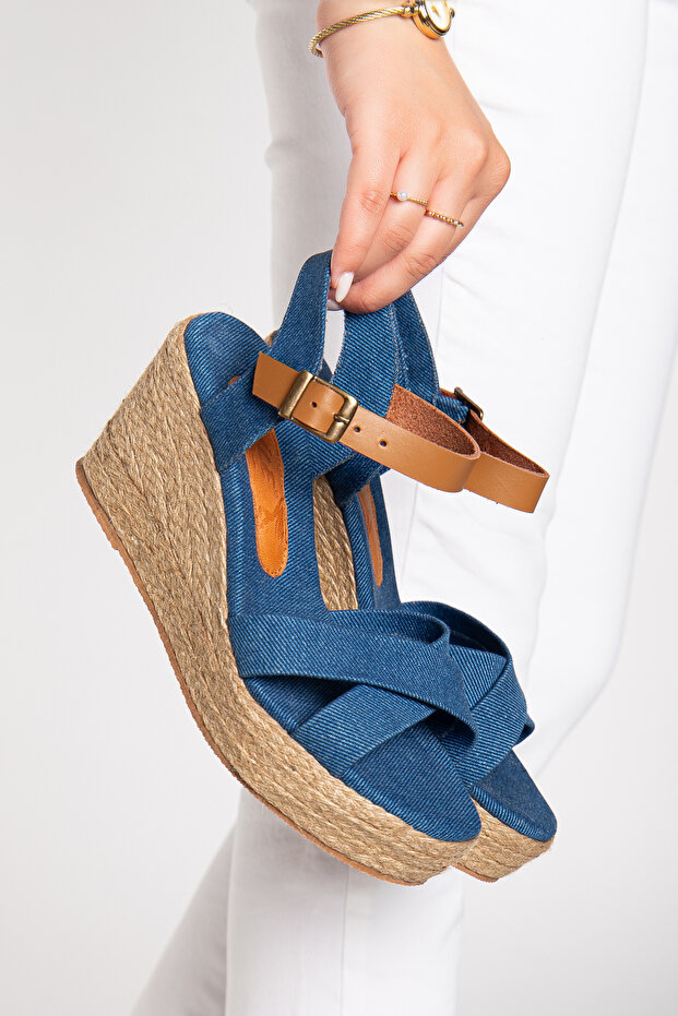 Denim Woven Fabric Wedge Heel Sandals from Number 33-34-35 to Number 41-42-43-44-45