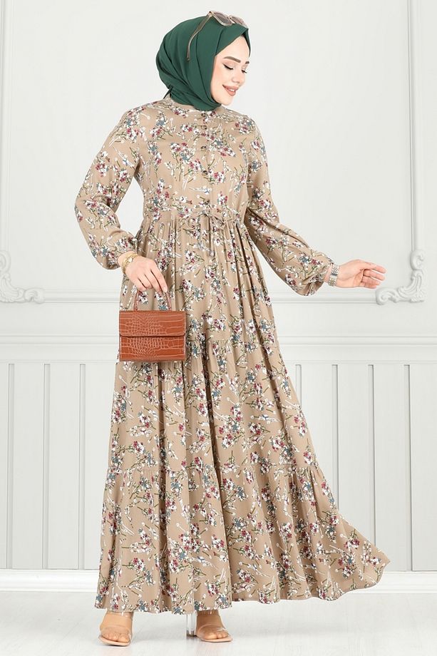 Çiçek Desen Tesettür Elbise 7122BG354 Koyu Vizyon - 5
