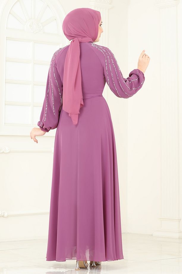Kolları Taşlı Şifon Abiye 5666EDF311 Gül Kurusu - 4